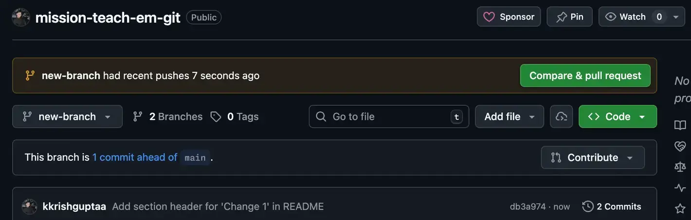 Compare and pull request button on GitHub