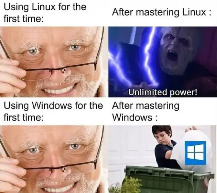 Meme depicting the power unlocked after mastering linux