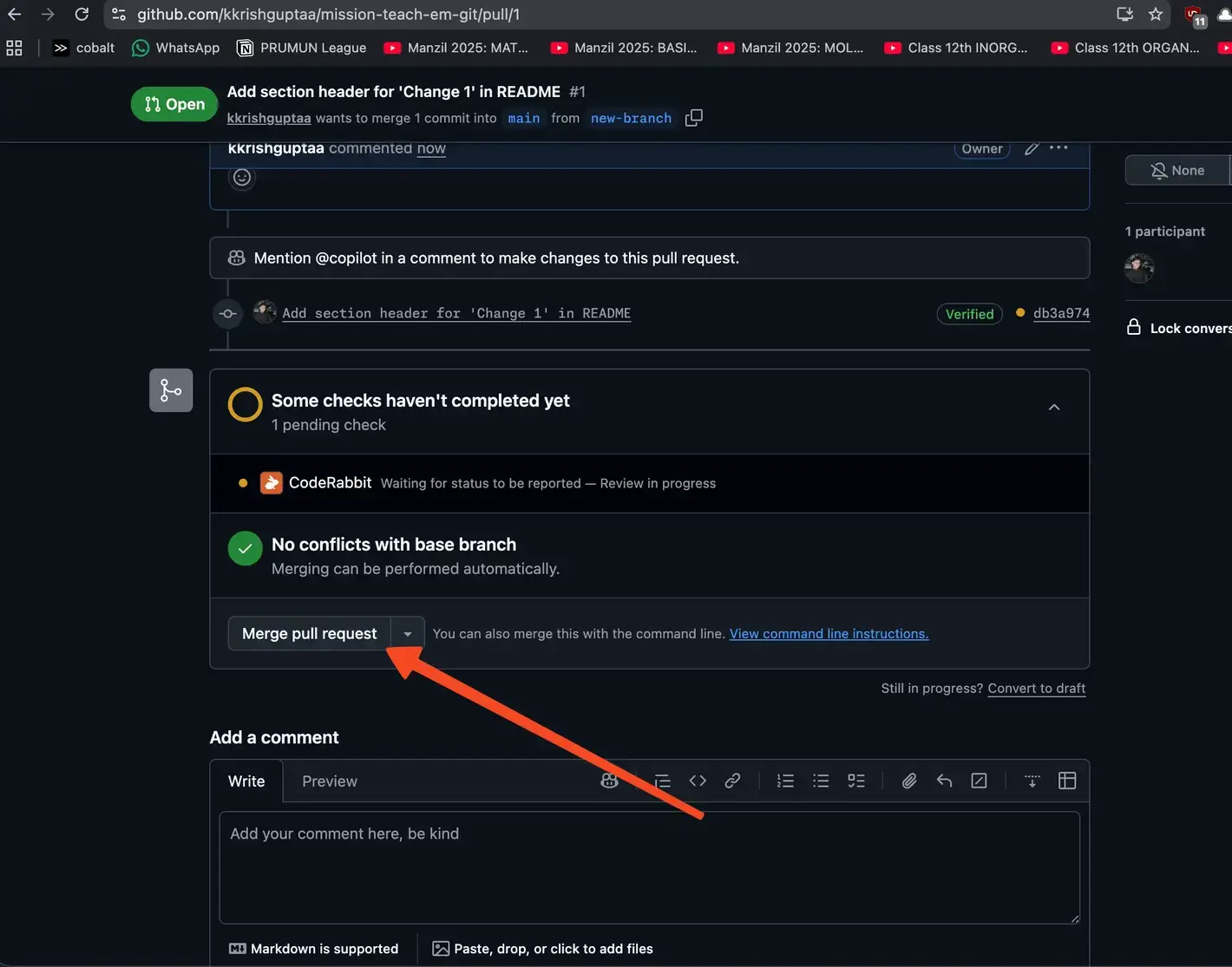 Merge pull request button on GitHub