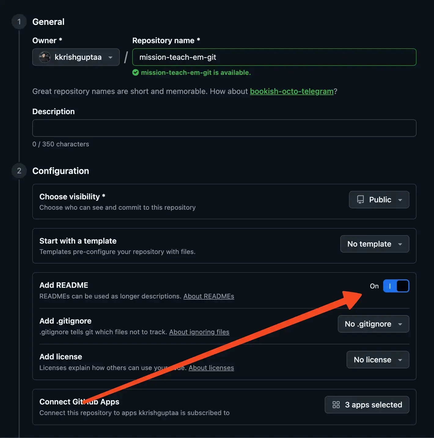 Screenshot of the new repository creation page on GitHub
